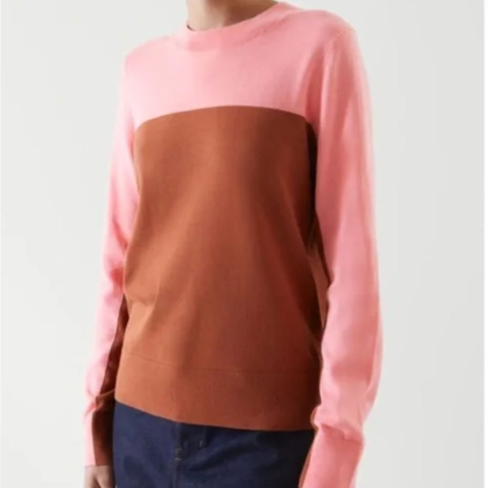 COS Pink and Brown Color Block Sweater 100% Cotton Size XS